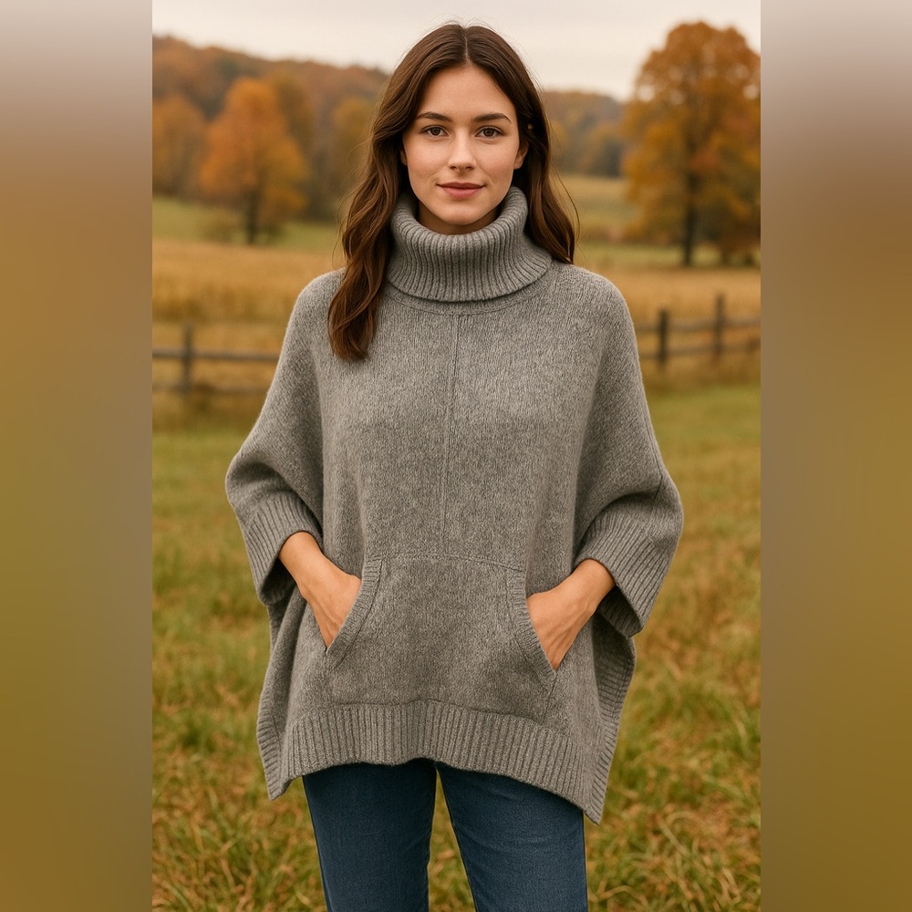 J. Crew Alpaca Wool Relaxed Turtleneck Poncho Sweater Slouchy Cozy Gray XS S M